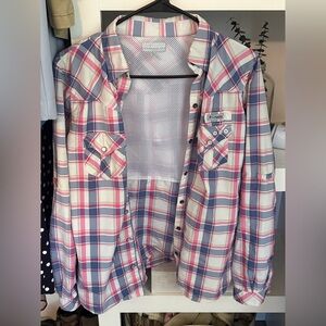 Columbia PFG Tamiami II long-sleeve fishing shirt in a pink and blue